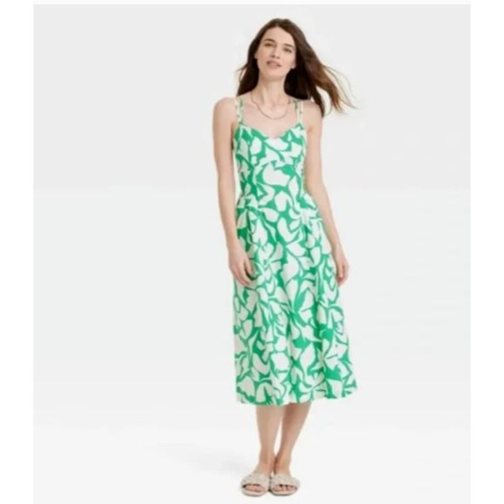 A New Day Green Floral Print Sleeveless Tie Back Midi Sun Dress Womens XXL NEW